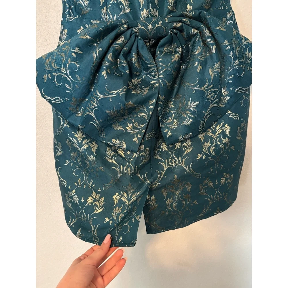 Altar'd State | Jacquard Party Dress with Statement Bow (Teal & Gold) - Picture 6 of 7
